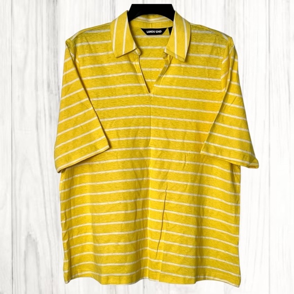 Lands End Yellow Striped Split Neck Polo Shirt Linen Blend Size Large Top 14/16 - Picture 1 of 11